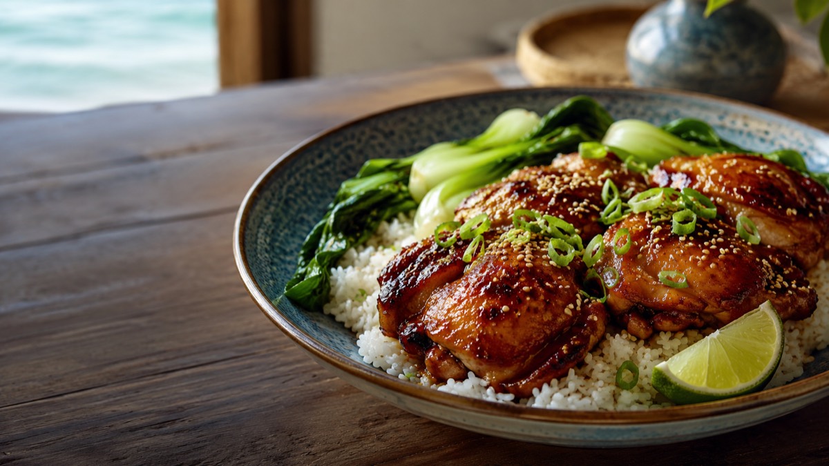 Glazed lemongrass chicken served with rice and bok choy
